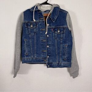 Levi’s Jean Jacket with Grey Fleece Lined Sweatshirt Sleeve‎ and Hood Small
